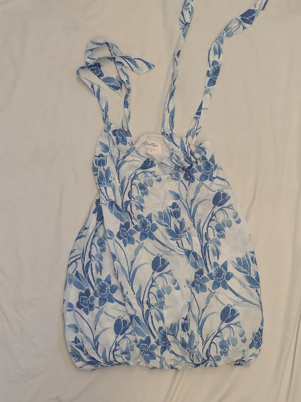 Kenny Flowers white and blue floral-print bubble-hem dress tie-shoulder Beach